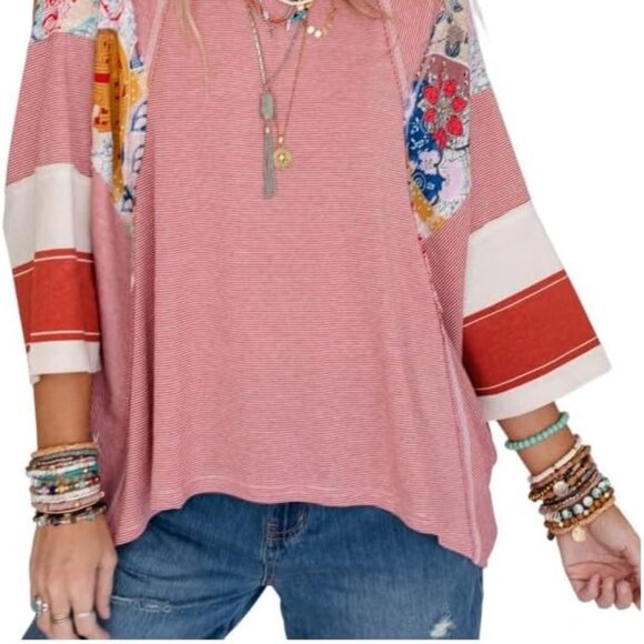 Round Neck Red Striped Floral Colorblock Patwork Oversized Tshirt Size Medium - Picture 2 of 13